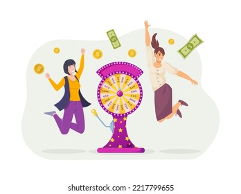 Excited happy woman winning money at wheel of fortune. Lucky players won jackpot in casino, money flying around them. Gambling, game of chance, luck cartoon vector