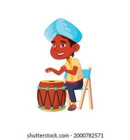 excited indian student playing on drum cartoon vector. excited indian student playing on drum character. isolated flat cartoon illustration