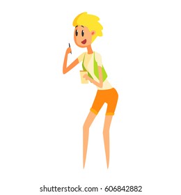 Excited Journalist With Notebook And Pen, Official Press Reporter Working, Collecting Information And Making News, Part Of Journalism Set Of Illustrations