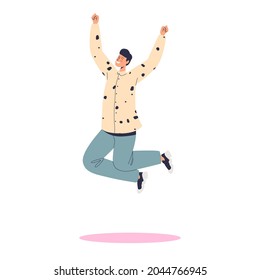 Excited joyful man jumping up with happy overjoyed smile. Happy male student or teenager cheering with excitement. Positive emotion concept. Cartoon flat vector illustration