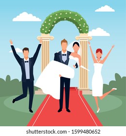 Excited just married couples over floral arch and landscape background, colorful design, vector illustration