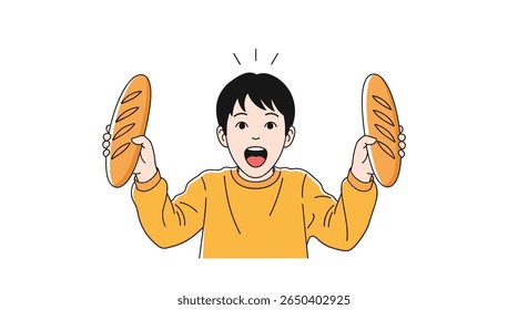 Excited kid holds two delicious golden baguettes ready to enjoy freshly baked bread