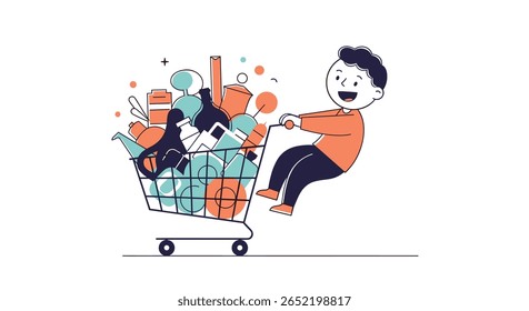 Criança animada empurrando carrinho de compras completo com muitos itens