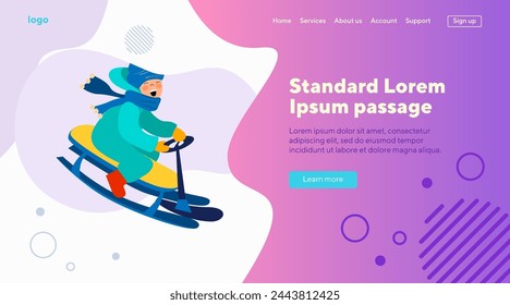 Excited kid riding on sleigh downhill. Boy sledging and having fun flat vector illustration. Holiday, outdoor activity, winter vacation concept for banner, website design or landing web page