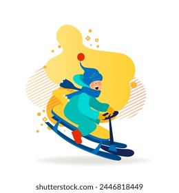 Excited kid riding on sleigh downhill. Boy sledging and having fun flat vector illustration. Holiday, outdoor activity, winter vacation concept for banner, website design or landing web page
