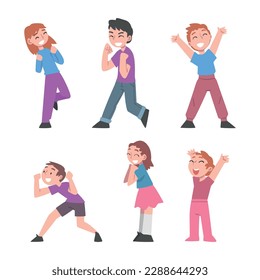 Excited Kids Celebrating Victory Expressing Success and Positive Emotions Vector Set