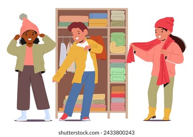 Los Niños Emocionados Se Reúnen Cerca Del Armario, Riendo Y Seleccionando Coloridos Trajes. La Habitación Suena Con Anticipación, Ya Que Juegan A Elegir La Ropa Para El Paseo. Ilustración vectorial de personas de dibujos animados