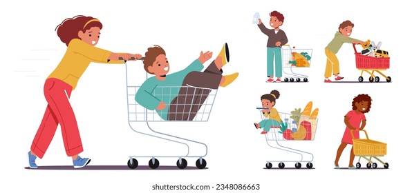 Excited Kids With Supermarket Trolley. Characters Giggling, Picking Snacks, And Pretending To Shop. Fun-filled Experience For Young Adventurers In The Grocery Store. Cartoon People Vector Illustration