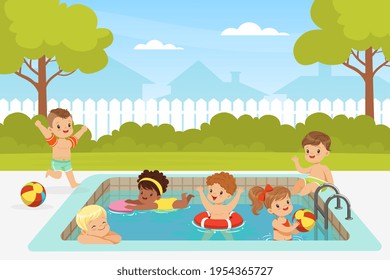 Excited Kids in Swimming Pool Splashing in Water Enjoying Summer Leisure Activity Vector Illustration