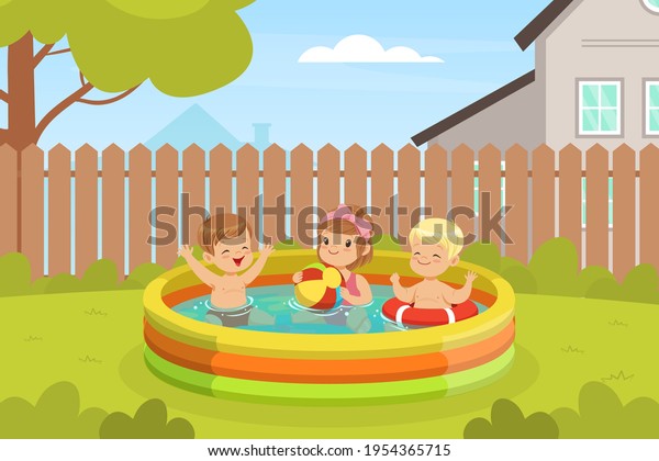 Excited Kids in Swimming\
Pool Splashing in Water Enjoying Summer Leisure Activity Vector\
Illustration