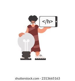 The excited lady is holding a browser window with a programming picture, and to boot standing close a tremendous light bulb. Pulled back on white foundation. Trendy style, Vector Illustration