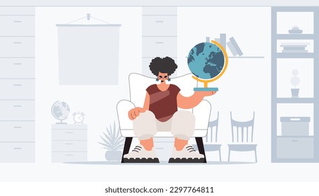 Excited lady holding a colossal globe, learning subject. Trendy style, Vector Illustration