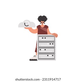 The excited lady is holding a information cloud and a server. Confined. Trendy style, Vector Illustration