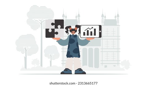 The excited lady is holding a overpower and a positivegrade chart. Thought bunch work. Trendy style, Vector Illustration