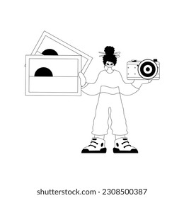 The excited lady is holding photographs and a camera. Tourism subject. Dim and white line craftsmanship. Trendy style, Vector Illustration
