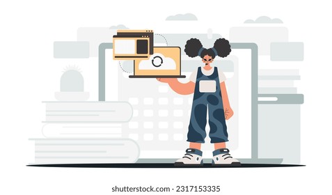 The excited lady is holding a tablet, which is synchronized with the information capacity. Trendy style, Vector Illustration