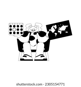The excited lady is holding a world chart and a calendar. Tourism subject. Dim and white line craftsmanship. Trendy style, Vector Illustration