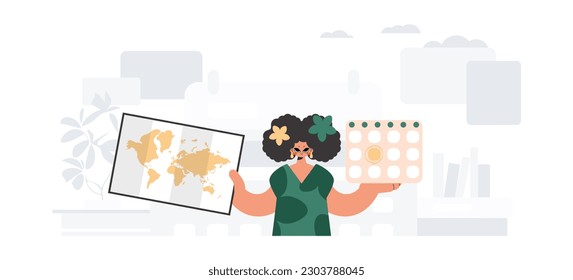 The excited lady holds a calendar and a chart of the world in his hands. The concept of rest and travel. Trendy style, Vector Illustration