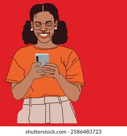 Excited lady smiling while reading her phone emails.