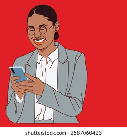 Excited lady smiling while reading her cell phone messages.
