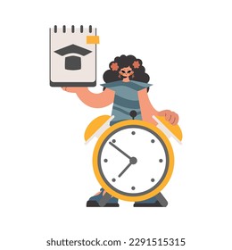 Señora emocionada con reloj teórico y cauteloso, restringida sobre cimientos blancos. Estilo de moda, Ilustración vectorial