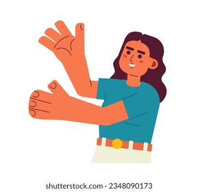 Excited latina woman presenting with hands palm up semi flat color vector character. Girl with raised arms. Editable half body person on white. Simple cartoon spot illustration for web graphic design