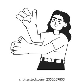 Excited latina woman presenting with hands palm up monochromatic flat vector character. Girl with raised arms. Editable thin line person on white. Simple bw cartoon spot image for web graphic design