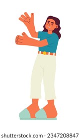 Excited latina woman stretching out hands semi flat color vector character. Brunette girl raised arms. Editable full body person on white. Simple cartoon spot illustration for web graphic design