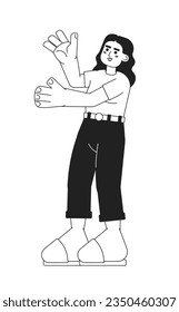 Excited latina woman stretching out hands monochromatic flat vector character. Brunette girl raised arms. Editable thin line person on white. Simple bw cartoon spot image for web graphic design