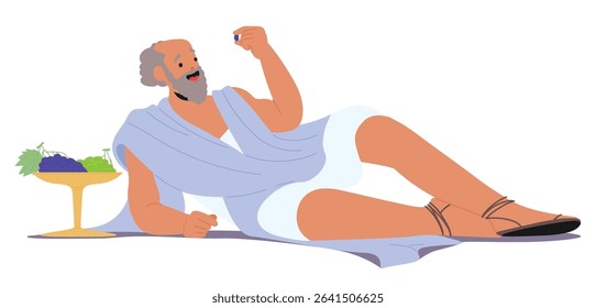 Excited lazy elderly philosopher comic ancient cartoon character wearing tunic and sandals lying eating grapes thinking isolated on white background. Antique thinker personage vector illustration