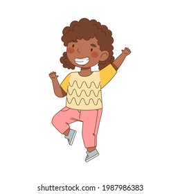 Excited Little African American Girl Jumping with Joy Expressing Happiness Vector Illustration