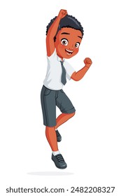 Excited little African American school boy jumping with one hand in the air. Cartoon vector illustration isolated on white background.