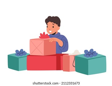 Excited Little Boy Character Kid Opening Big Wrapped Gift Boxes Decorated with Ribbon Bows. Holiday or Birthday Celebration Isolated on White Background. Cartoon People Vector Illustration