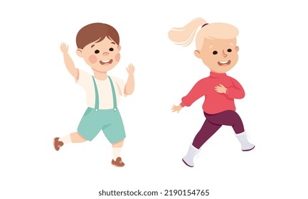 Excited Little Boy and Girl Jumping with Joy Expressing Happiness Vector Set