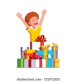 Excited little boy kid rising hands in happiness gesture after receiving big pile of presents. Wrapped ribbon bows decorated gift boxes. Lots of holiday & birthday presents. Flat vector illustration.