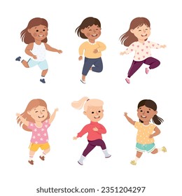 Excited Little Girl Jumping with Joy Expressing Happiness Vector Set