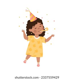 Excited little girl wearing yellow dress and birthday hat blowing whistle cartoon vector illustration