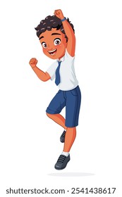 Excited little Indian school boy jumping with one hand in the air. Cartoon vector illustration isolated on white background.