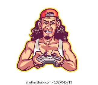 Excited Long Haired Red Neck Gamer Holding Joystick Gaming Logo