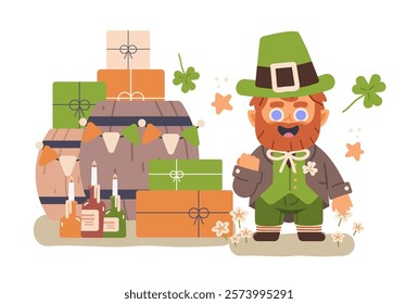 Excited lucky leprechaun and giftboxes near barrels on isolated background. Flat vector illustration