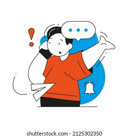 Excited male customer call to helpline service asking aid having problem vector flat illustration. Man talking to hotline consulting help advice. Telemarketing remotely communication, assistance