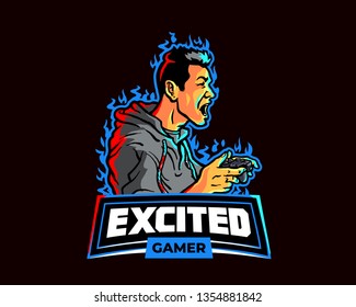 Excited Male Gamer Holding Joystick Scream in Excitement Enjoy Playing Video Game Mascot Logo