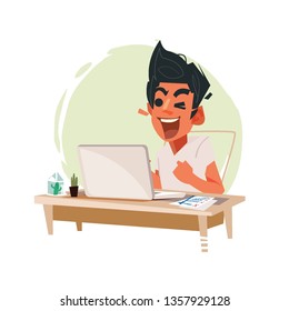 Excited male online with laptop. get job and happy women - vector
