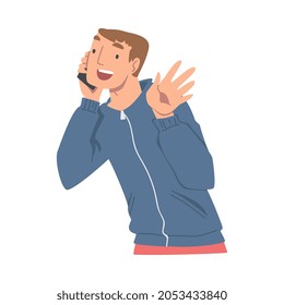 Excited Male Receiving Good News Speaking by Phone and Smiling Happily Vector Illustration