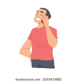 Excited Male Receiving Good News Speaking by Phone and Smiling Happily Vector Illustration