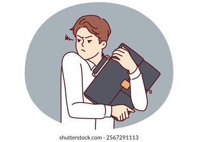 Excited man with business bag in hands is trying to avoid loss and theft of important documents. Business man hugging bag with price of confidential information that competitors want to steal