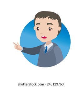 excited man in business suit points finger forward - businessman cartoon character series of drawings