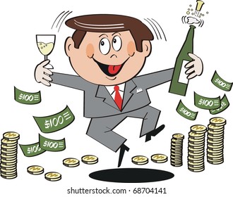 Excited man celebrating with champagne and money.