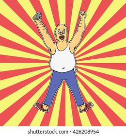 Excited  man celebrating success with hands raised. Colorful rays background Hand drawn vector stock illustration. 