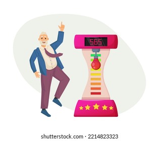 Excited man celebrating win at automotive boxing game machine. Happy man playing boxing attraction with punching bag at casino, game club, attractions zone cartoon vector